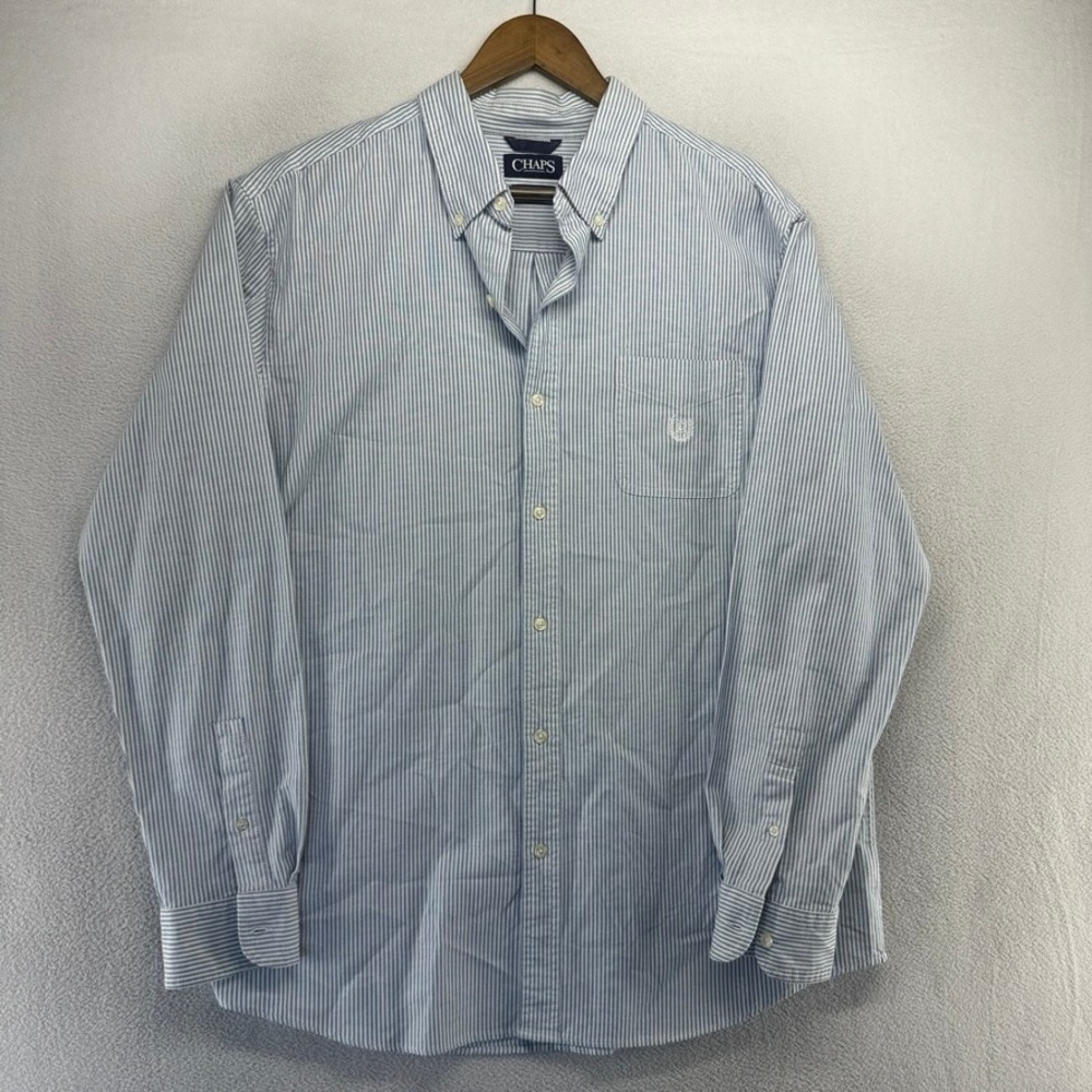 Chaps Button Down Mens XL Blue Striped Stretch Oxford Casual Cotton Blend Ivy - Picture 2 of 9